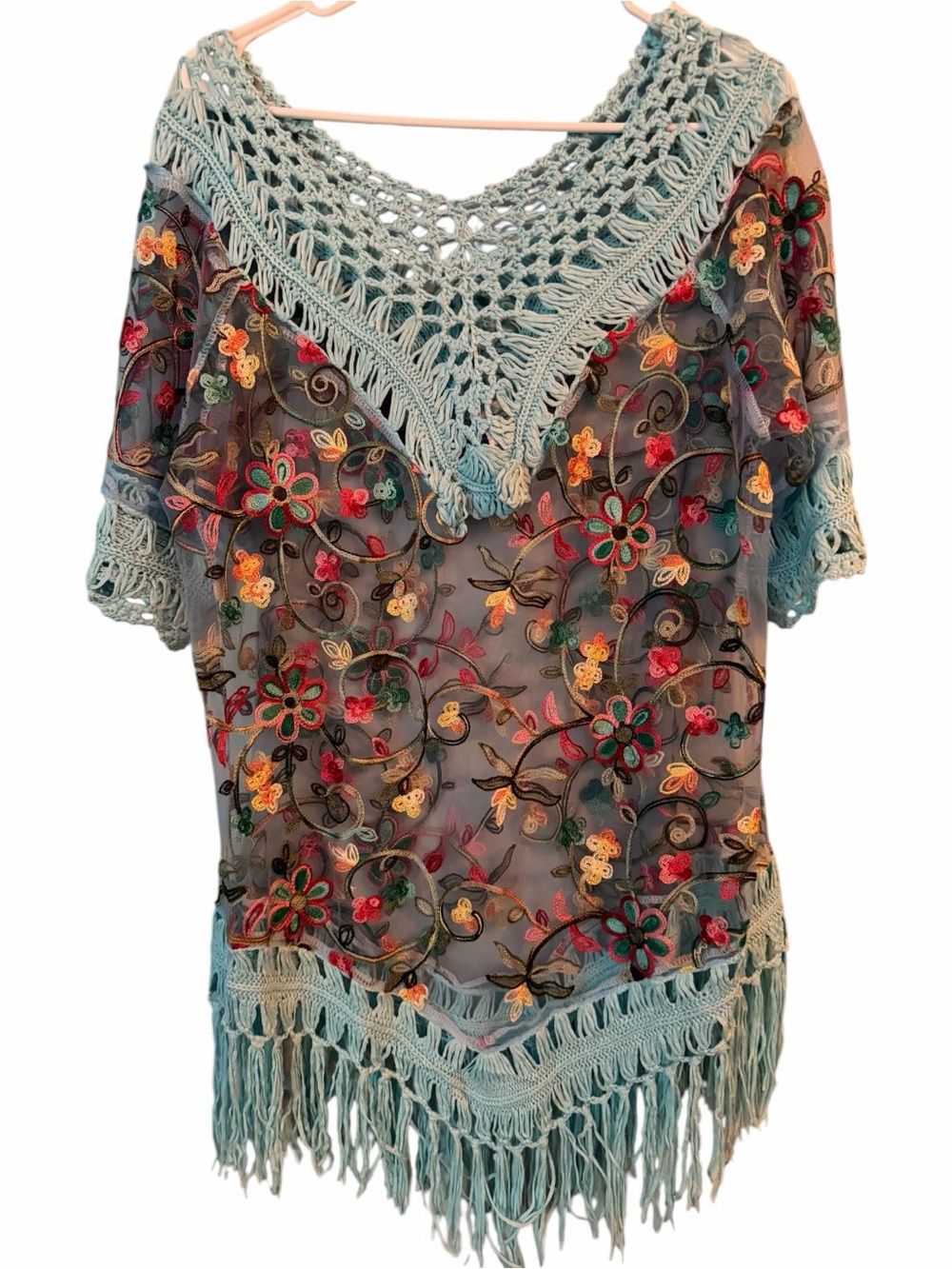 Casa Amayal Sheer Embroidered Crochet Fringe Boho Beach Cover Up OS - Picture 4 of 9